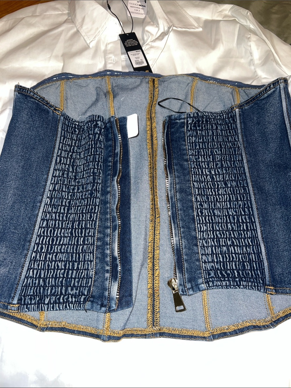 2 pc set Fitted Denim Corset Top in Indigo Blue and White Button Up - Picture 7 of 8